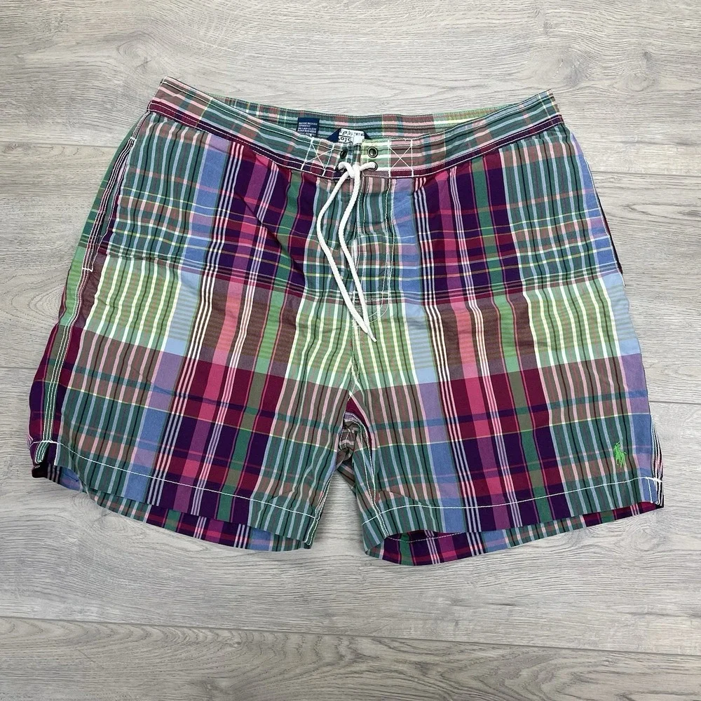 Polo Ralph Lauren Multicolor Plaid Swim Trunks Men Sz L Mesh Lined Prep